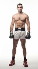 Fototapeta na wymiar 1 boxer standing smiling, looking at the camera, full body, white background.