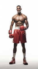 Fototapeta na wymiar 1 boxer standing smiling, looking at the camera, full body, white background.