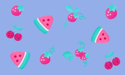 Tropical Harvest: Vibrant Strawberry, Red Berry, and Watermelon Pattern. Fruit illustration background 