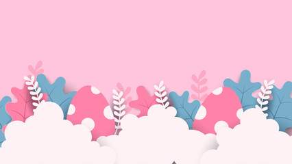 Pink white and blue vector background with easter eggs and flowers. Vector paper style easter background