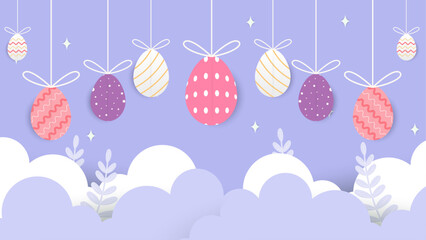 Colorful colourful vector gradient happy easter day background with egg and flower. Vector paper style easter background. Vector paper style easter background