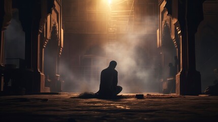 Obraz na płótnie Canvas Silhouette of Muslim man worshiping and praying for fasting and Islamic Eid culture in old mosque with lighting and smoke background, copy space - generative ai