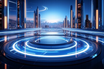 Sky-High Futuristic Shopping Arcade, on an isolated Quantum Blue background, Generative AI
