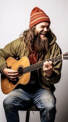 Bearded male musician playing guitar happily white background