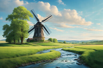 Fototapeta premium A landscape of a windmill with a bright blue sky background