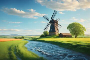 A landscape of a windmill with a bright blue sky background
