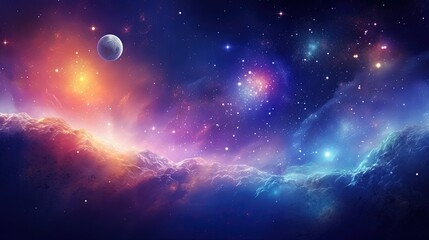 Naklejka na ściany i meble Abstract Dreamy Background Wallpaper Template of Outer Space Planet Land Nebula Sparkling Stars Stardust Galaxy Universe Astro Cosmos Milky Way Panorama Night Sky Fantasy Colorful Tone 16:9