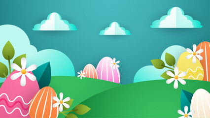 Fototapeta na wymiar Colorful colourful vector gradient happy easter day background with egg and flower. Vector paper style easter background