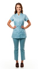 Nurse standing smiling looking at camera, whole body, isolated on white background.