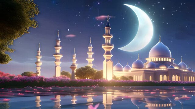 Beautiful background mosque at night ramadan Kareem animation illustration 