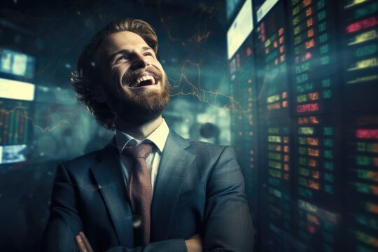 A cheerful, Happy Businessman in a formal suit against the background of stock exchange charts. Trade and finance, the concept of the stock market