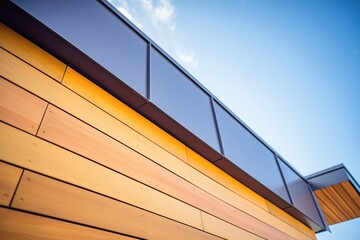 closeup of wooden slats on modern building - obrazy, fototapety, plakaty
