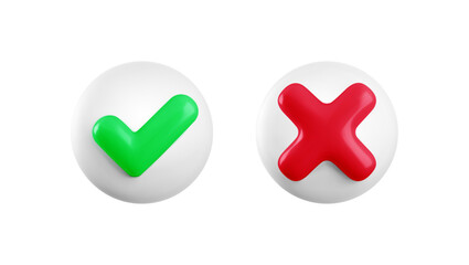 Vector 3d checkmarks icon set. Round glossy yes tick and no cross buttons isolated on white background. Green check mark and red X symbol in white circle realistic 3d render. Right and wrong sign set