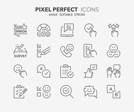 Line icons about satisfaction surveys. Outline symbol collection. Editable vector stroke. 64x64 Pixel Perfect.