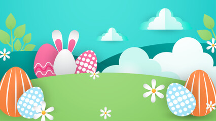 Fototapeta na wymiar Colorful colourful vector elegant and luxury happy easter for background with egg and flower element. Vector paper style easter background