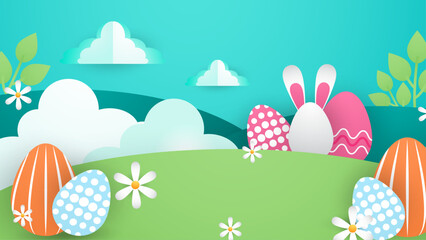 Fototapeta na wymiar Colorful colourful vector gradient happy easter day background with decorative eggs. Vector paper style easter background