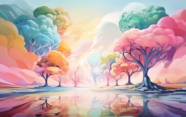 Real landscape with abstract multicolored trees and clouds, beautiful view