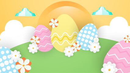 Colorful colourful vector happy easter background. Greeting card, poster or background with bunny, flowers and easter egg. Egg hunt poster. Vector paper style easter background