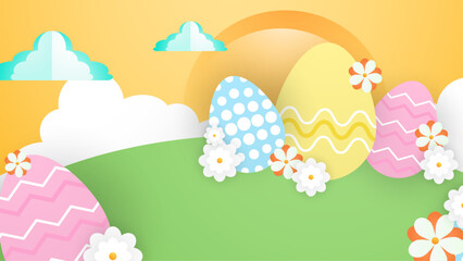Fototapeta na wymiar Colorful colourful cute vector gradient happy easter day egg background. Vector paper style easter background