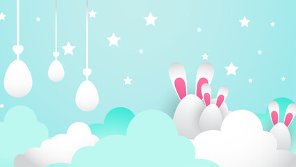 Green white and pink vector happy easter day in paper style with egg and flower. Vector paper style easter background