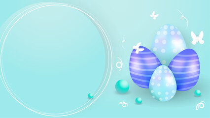 Fototapeta na wymiar Blue green and white vector gradient happy easter day background with egg and flower. Vector paper style easter background
