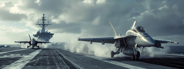 The dynamic sight of fighter jets launching from aircraft carriers, exemplifying the coordinated strength of air and naval capabilities.