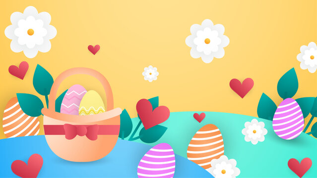 Colorful colourful vector gradient background for easter celebration with egg and flower. Vector paper style easter background