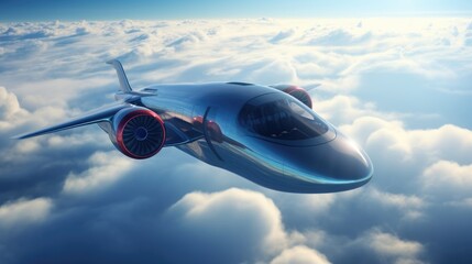 Futuristic supersonic jet plane flying at high altitude in the sky