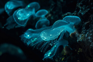 Underwater microcosm, luminous single-celled organisms on a black background