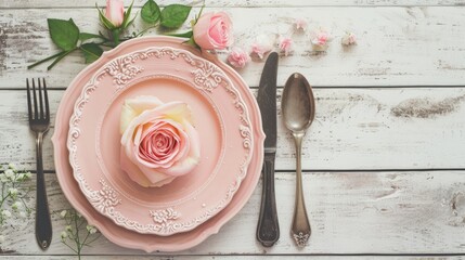 Create an elegant atmosphere with a light pastel colored table setting featuring a pink rose plate, vintage silverware on a rustic table top view, flat lay, Ai Generated. - Powered by Adobe