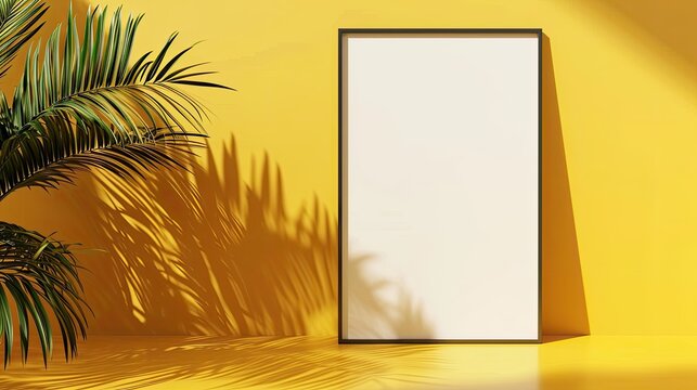 ฺBlank picture frame mockup poster on a yellow background, adorned with a tropical leaf shadow. Empty frame with reflection, creating a clean and vibrant aesthetic, Ai Generated.