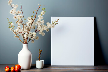 Fototapeta na wymiar blooming plum or cherry branches flowers in a vase on wooden table near a gray wall, with copy space.