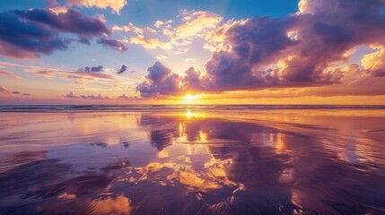 Experience the beauty of a vibrant sunset, with clouds reflected on wet sand at low tide. Ai Generated.