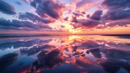 Fototapeta premium Experience the beauty of a vibrant sunset, with clouds reflected on wet sand at low tide. Ai Generated.