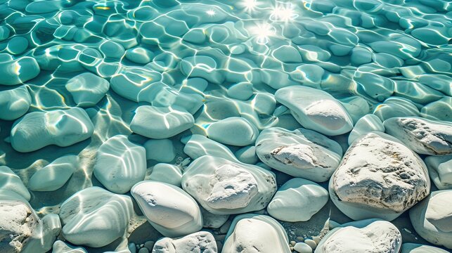 Capture the essence of summer with abstract sea ripples over stone pebbles. Turquoise water. Ai Generated.