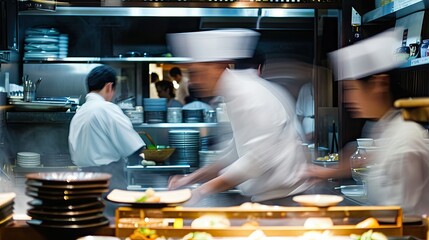 Step into the vibrant energy of a busy Japanese restaurant, capturing staff in motion. Ai Generated.