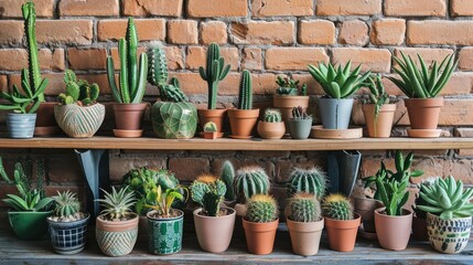 Diverse cactus and succulent plants grace different pots on a wooden shelf against a brick wall. Green houseplants showcase natural beauty. Ai Generated.