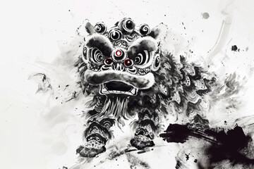 A lion dance in the style of Chinese ink painting.