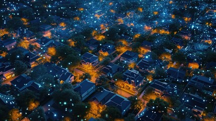 Obraz premium Enter the realm of digital community with smart homes, DX, IoT, and a thriving digital network. Suburban houses engage in data transactions under the night sky. Ai Generated.