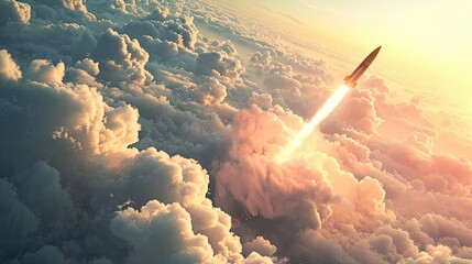 A combat rocket soars above clouds, heralding missile attack, air assault, and war—a chilling prelude to impending conflict, Ai Generated.