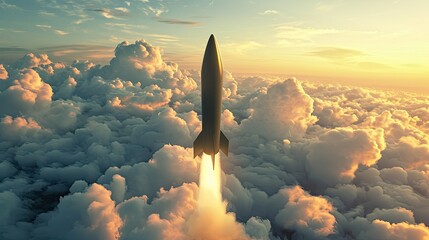 A combat rocket soars above clouds, heralding missile attack, air assault, and war—a chilling prelude to impending conflict, Ai Generated. - obrazy, fototapety, plakaty