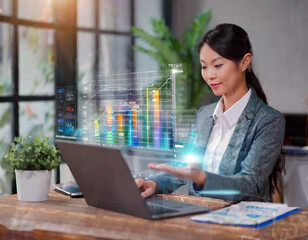 Women use laptops for project management progress planning with augmented reality Gantt chart scheduling on virtual screen, marketing grown work plan, generative ai