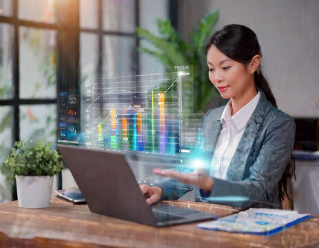 Women use laptops for project management progress planning with augmented reality Gantt chart scheduling on virtual screen, marketing grown work plan, generative ai