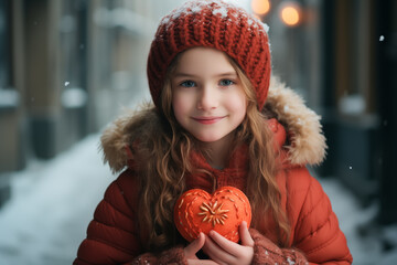 Cute girl holding a glowing red heart in a snowy. Valentine’s Day, Kindness, and Help Concept. Generative Ai.