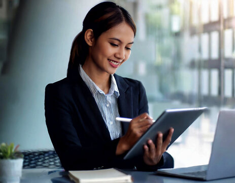 Businesswoman using stylus pen signing on digital tablet via mobile app, generative ai