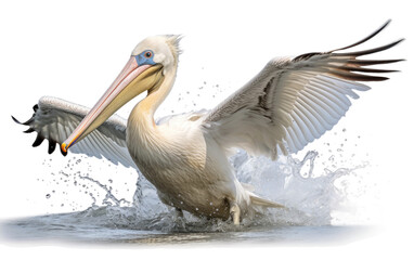 Elegance of a Pelican Expertly Snatching Fish from the Water on a White or Clear Surface PNG Transparent Background.