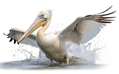 Elegance of a Pelican Expertly Snatching Fish from the Water on a White or Clear Surface PNG Transparent Background.