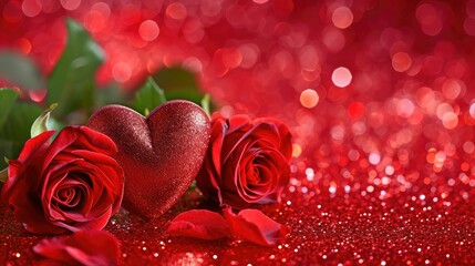 Celebrate Valentine's Day with a background featuring roses and a red heart on a glittery red backdrop perfect for a heartfelt card, Ai Generated.