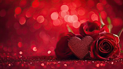 Celebrate Valentine's Day with a background featuring roses and a red heart on a glittery red backdrop perfect for a heartfelt card, Ai Generated.