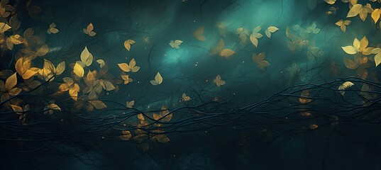 Dark turquoise and light gold abstract leaves wallpaper design
